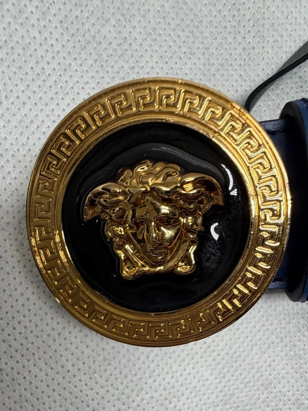 Versace Medusa Biggie Leather Belt Navy Blue Gold Buckle Size 85/34 NWT
